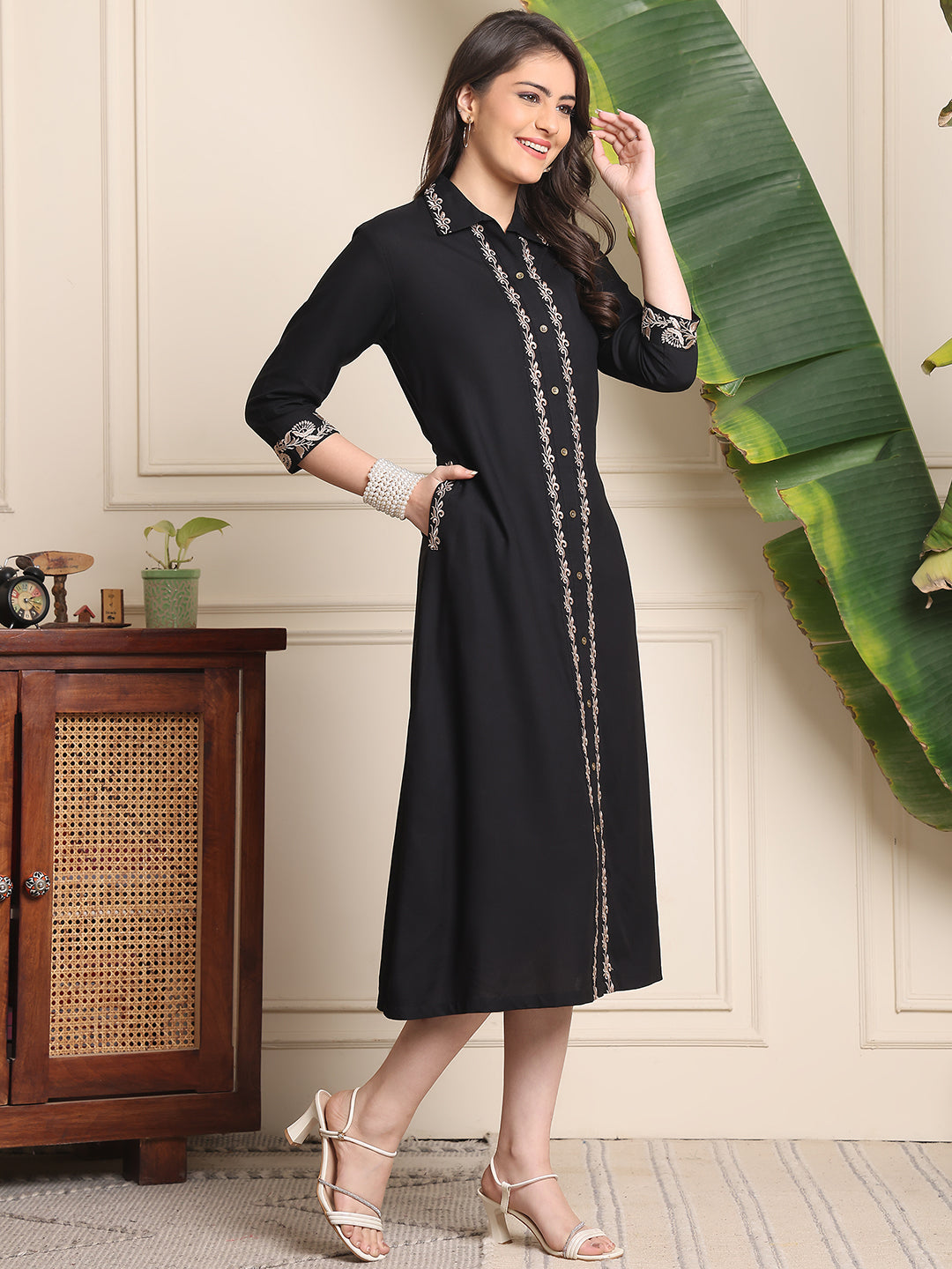 Black Colour Embroidered Printed Viscose Rayon Dress For Women
