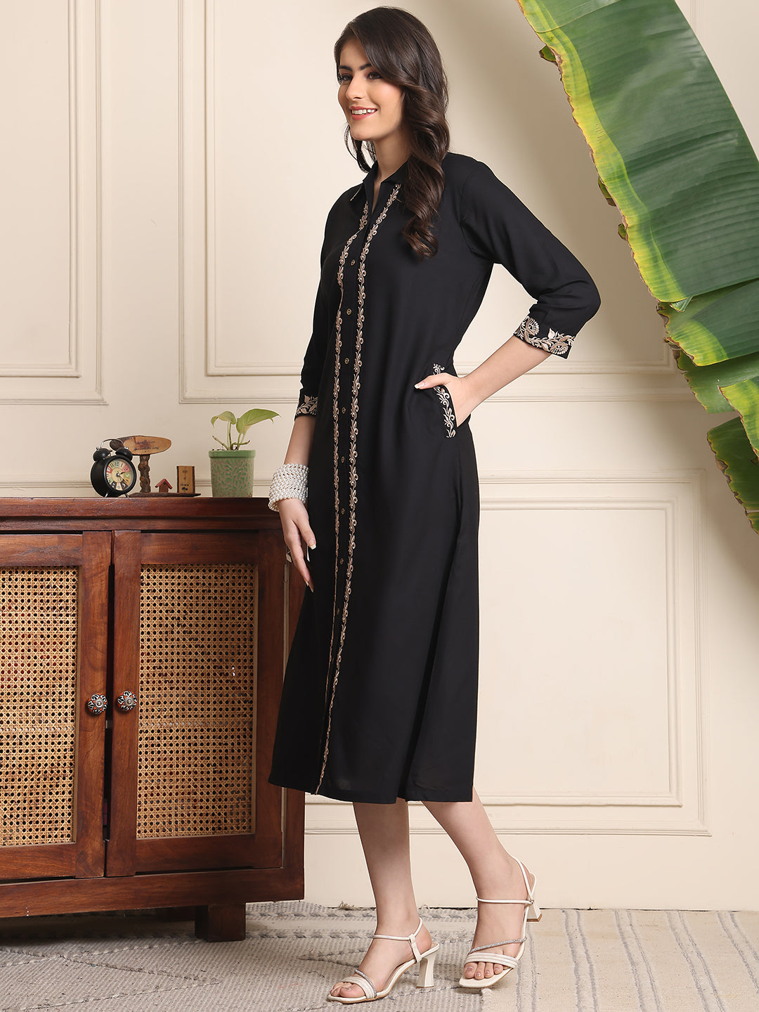 Black Colour Embroidered Printed Viscose Rayon Dress For Women