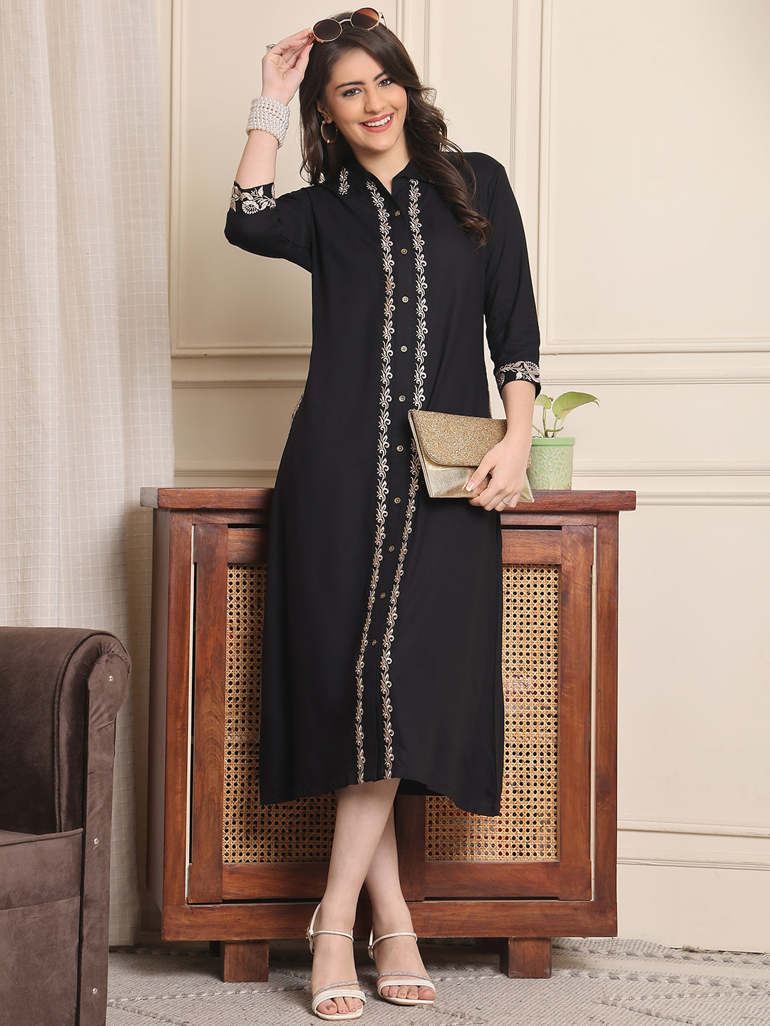 Black Colour Embroidered Printed Viscose Rayon Dress For Women