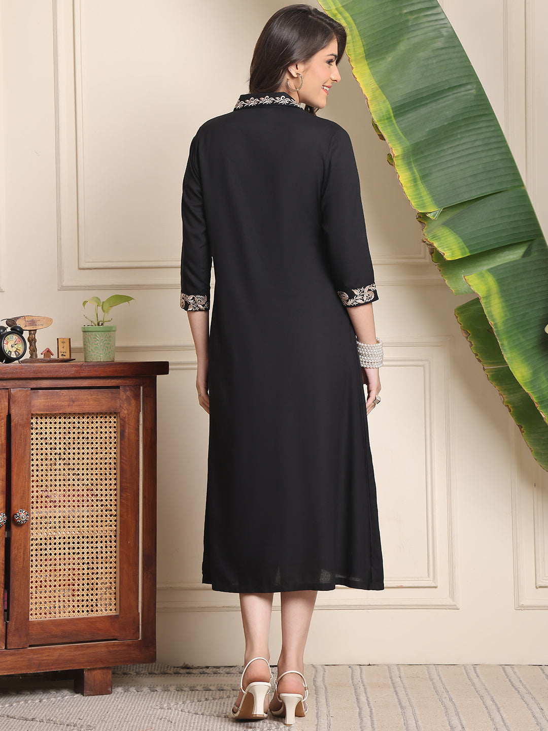Black Colour Embroidered Printed Viscose Rayon Dress For Women