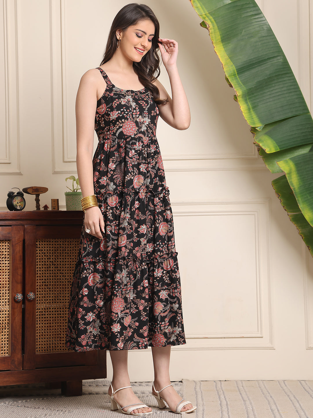 Multi Colour Floral Printed Viscose Rayon Dress For Women