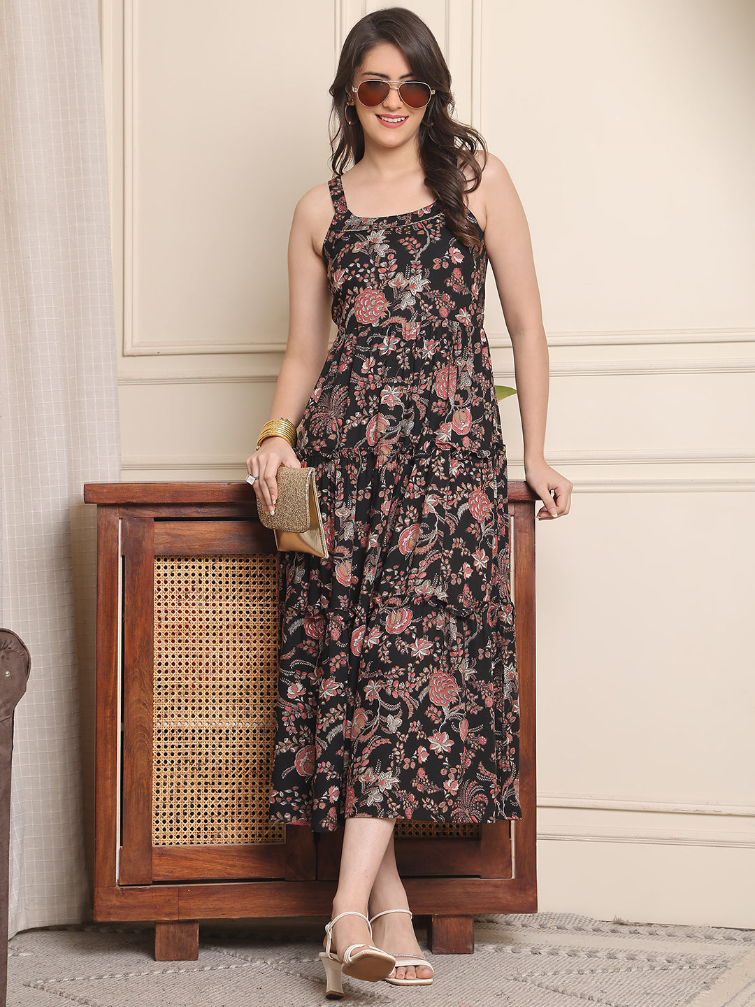 Multi Colour Floral Printed Viscose Rayon Dress For Women