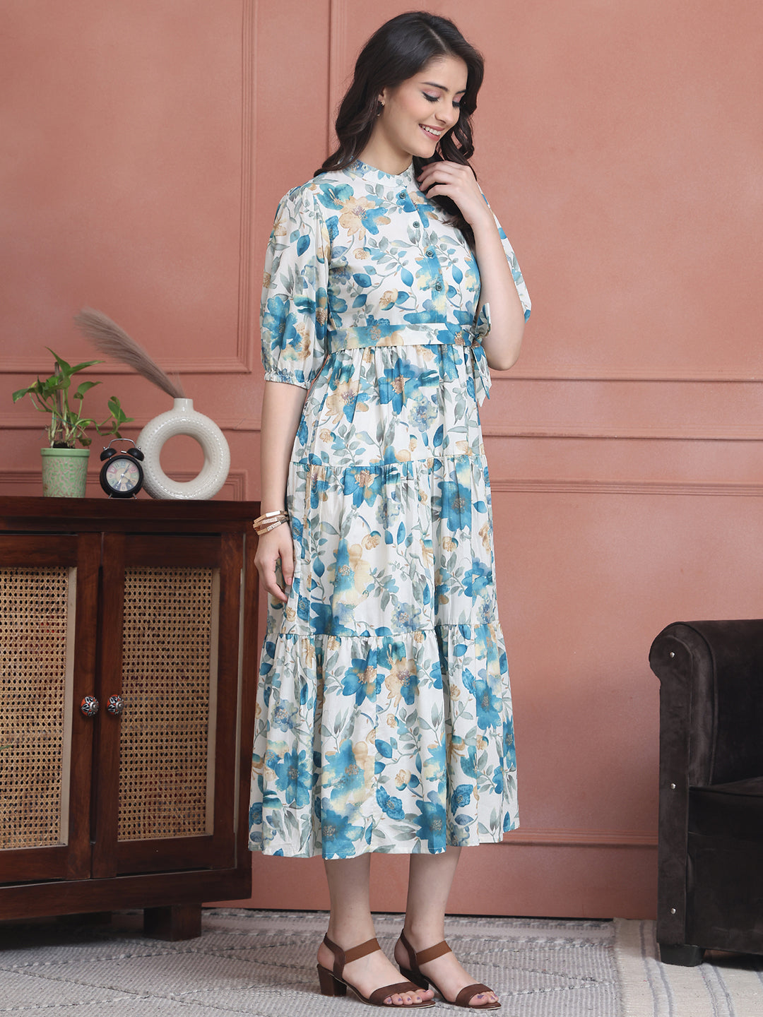 Blue Colour Floral Printed Pure Cotton Dress For Women