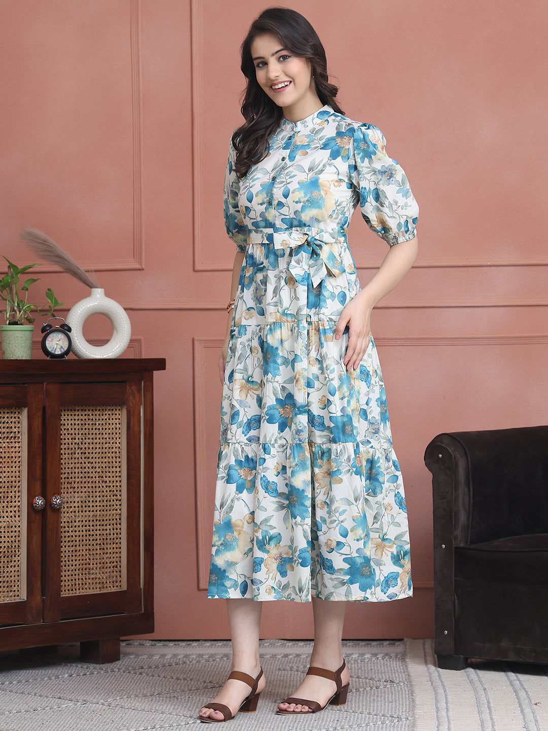 Blue Colour Floral Printed Pure Cotton Dress For Women