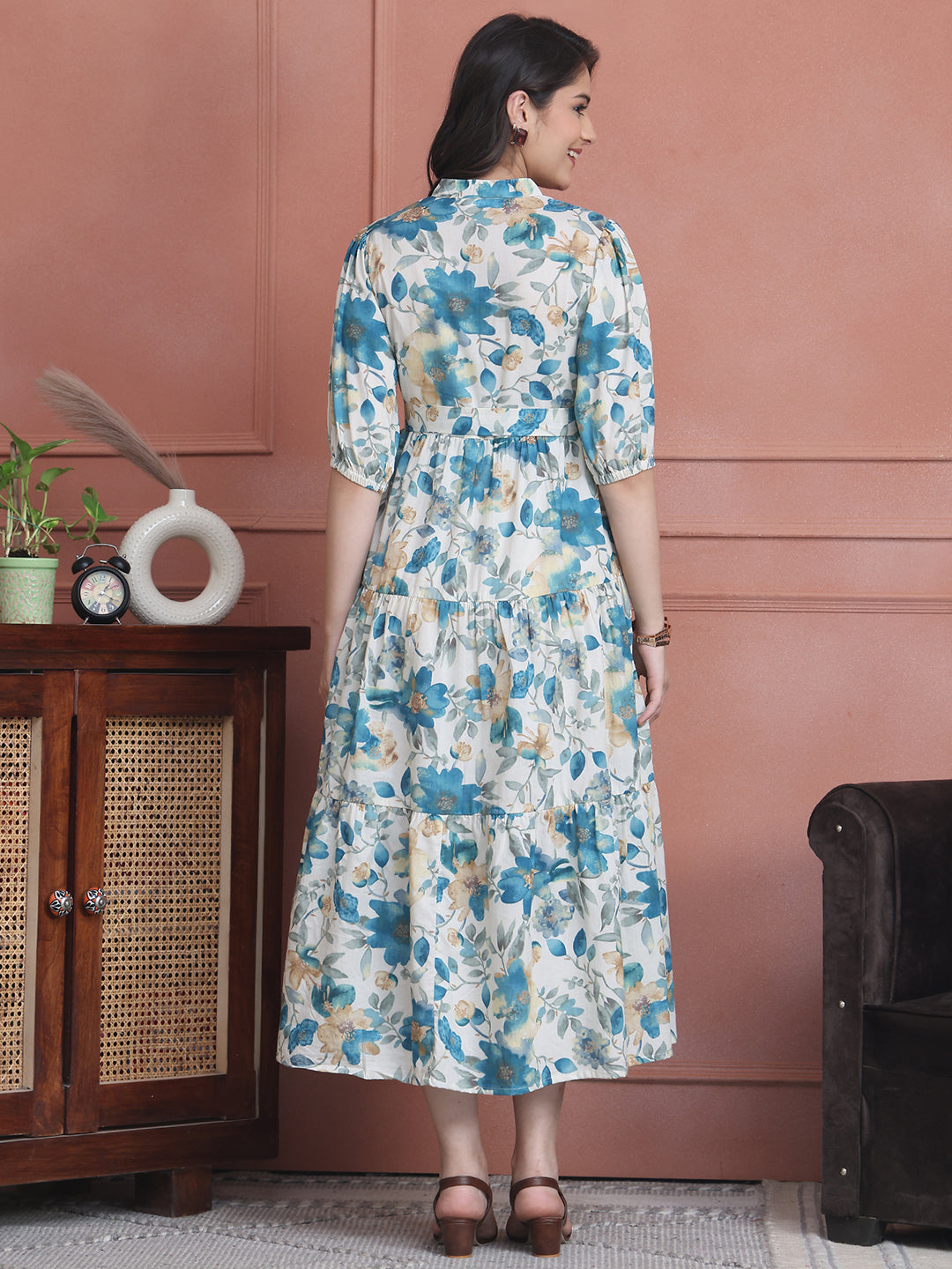 Blue Colour Floral Printed Pure Cotton Dress For Women