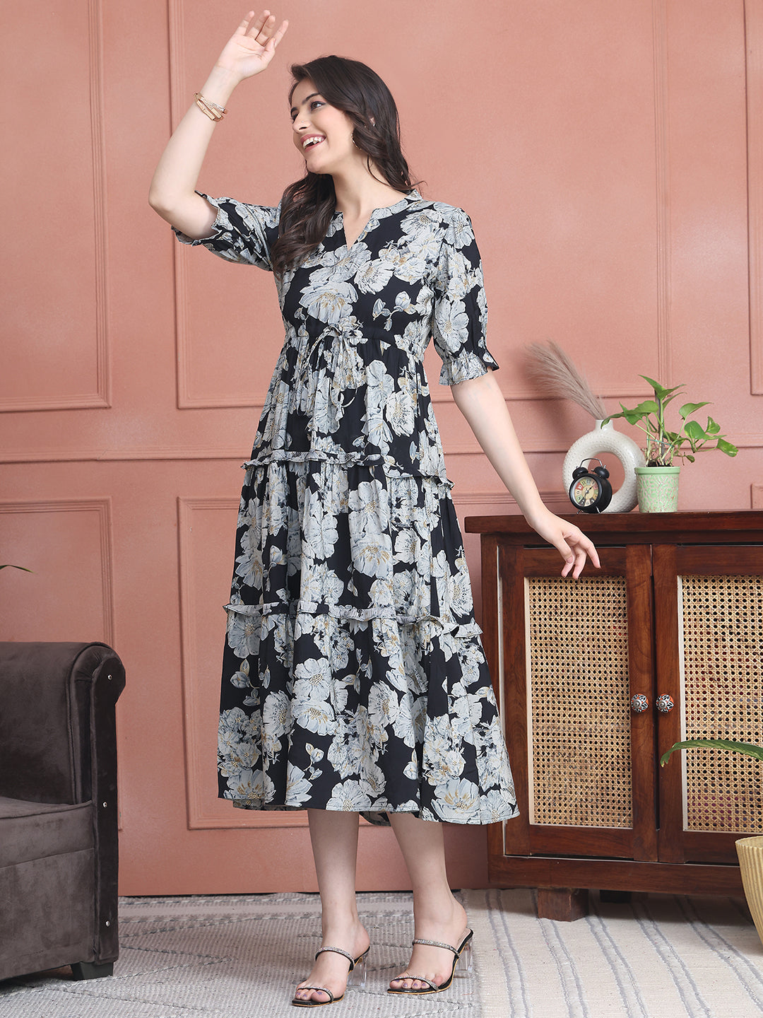 Black Colour Floral Printed Premium Chanderi Dress For Women
