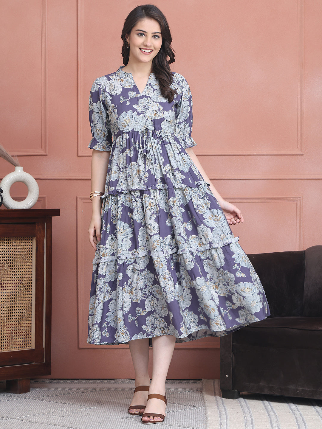 Purple Colour Floral Printed Premium Chanderi Dress For Women