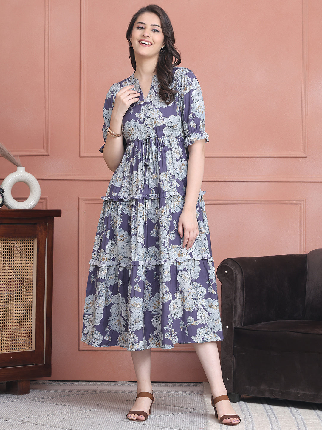 Purple Colour Floral Printed Premium Chanderi Dress For Women