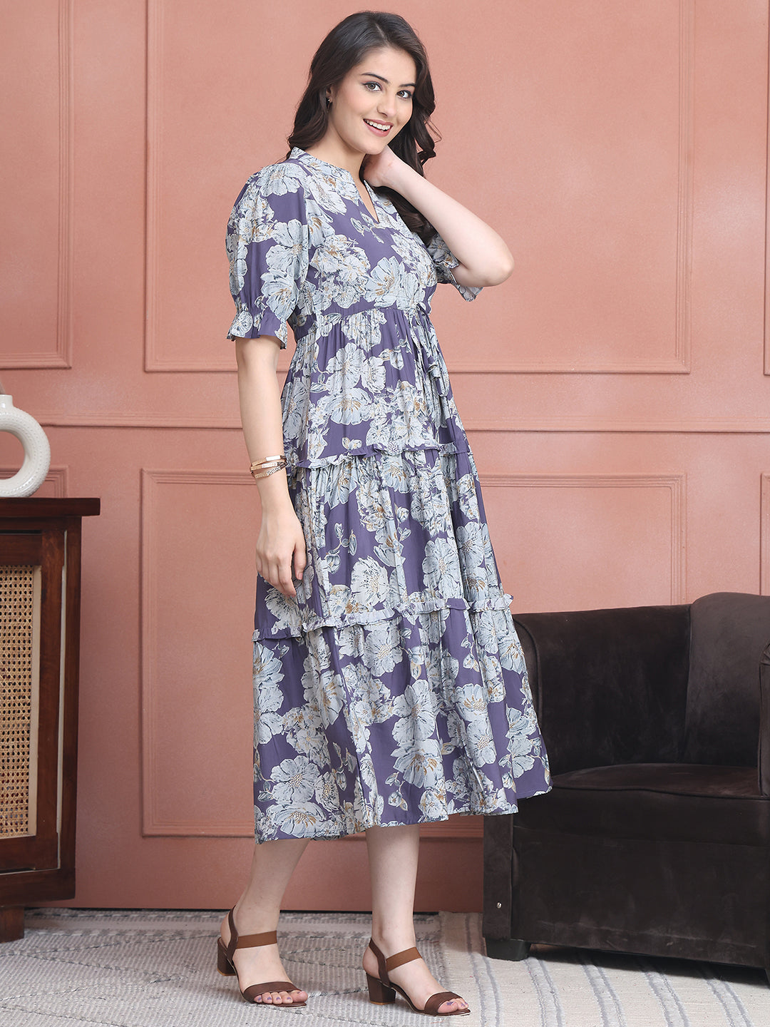 Purple Colour Floral Printed Premium Chanderi Dress For Women