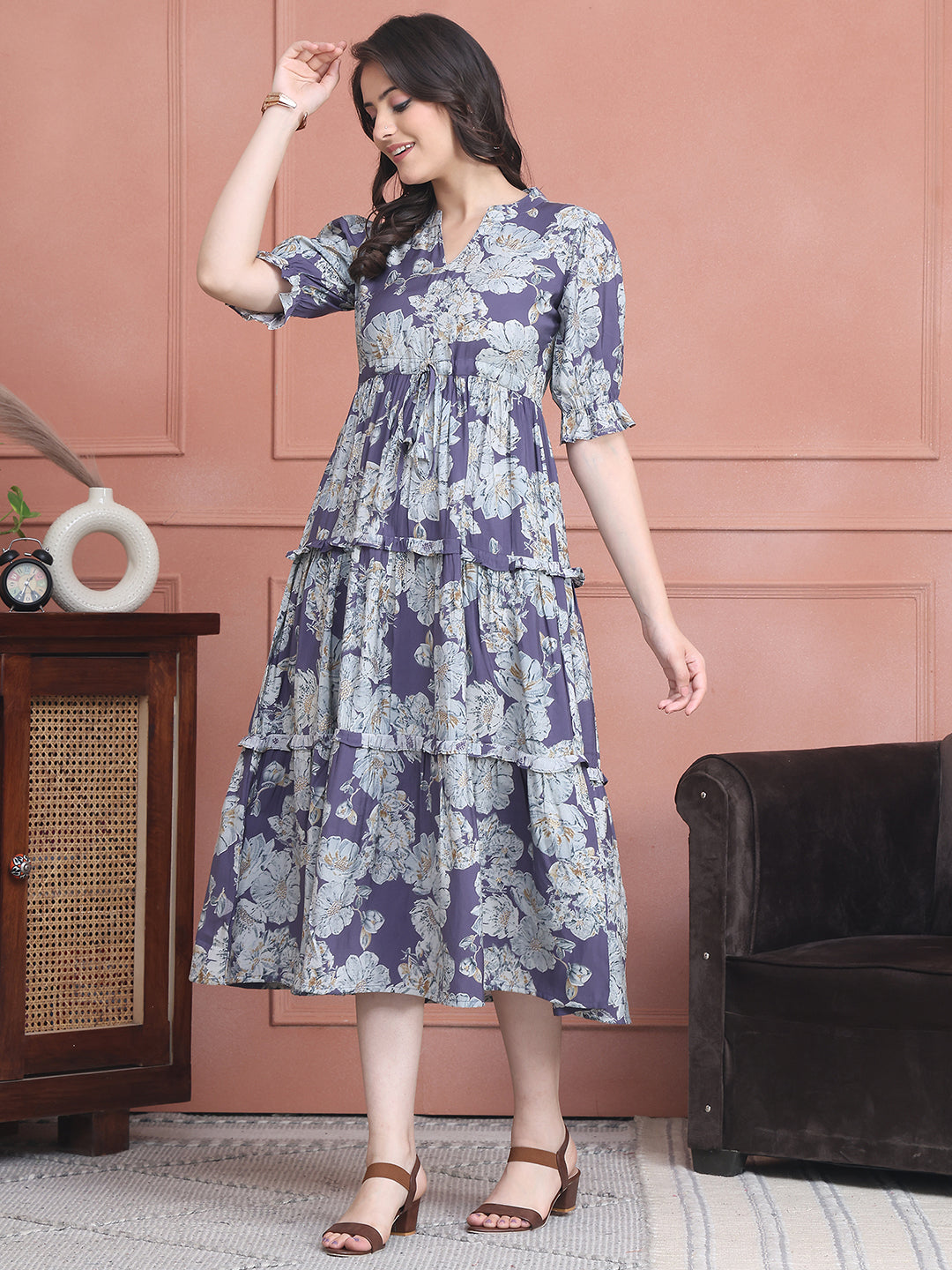 Purple Colour Floral Printed Premium Chanderi Dress For Women