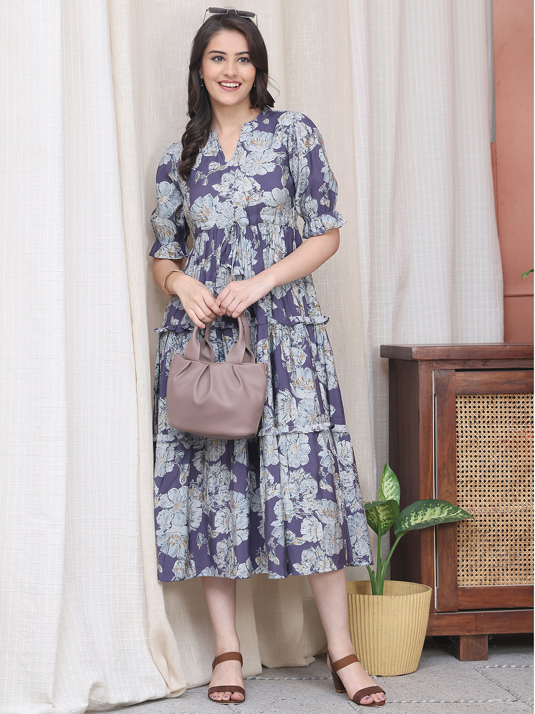 Purple Colour Floral Printed Premium Chanderi Dress For Women