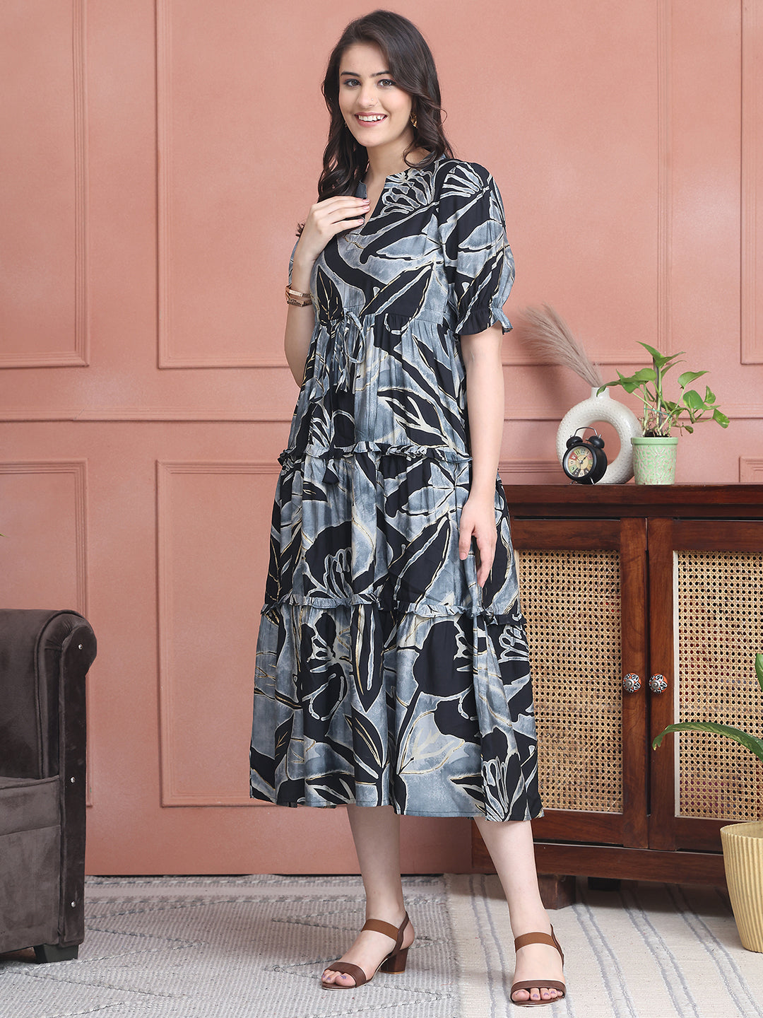 Black Colour Abstract Printed Premium Chanderi Dress For Women