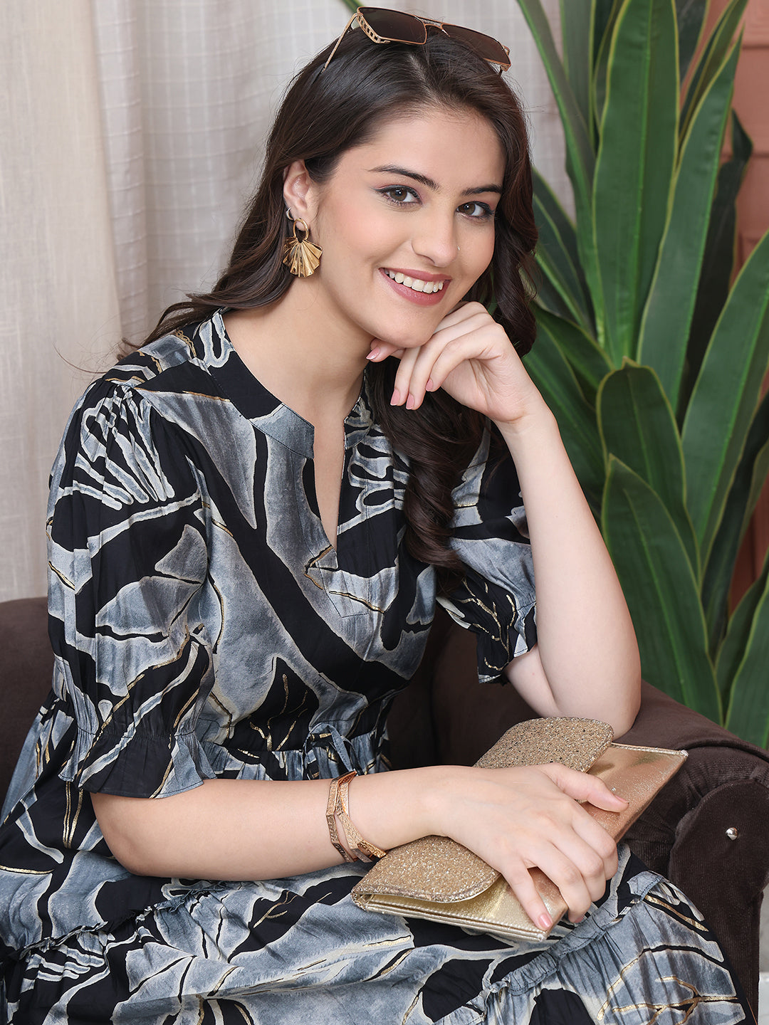 Black Colour Abstract Printed Premium Chanderi Dress For Women