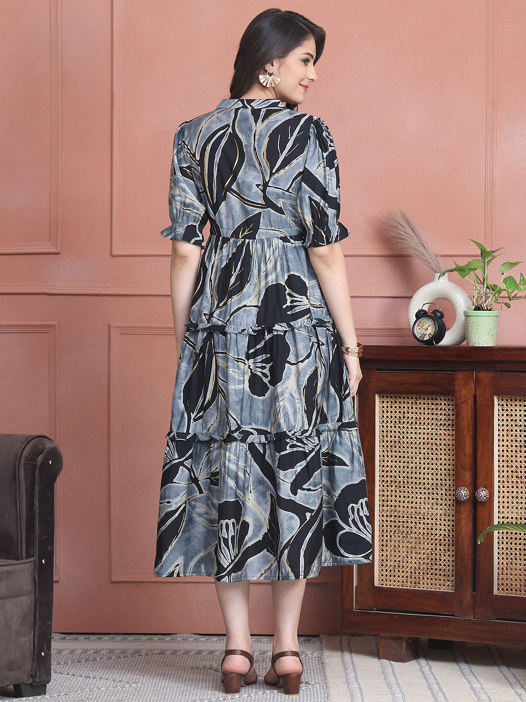 Black Colour Abstract Printed Premium Chanderi Dress For Women