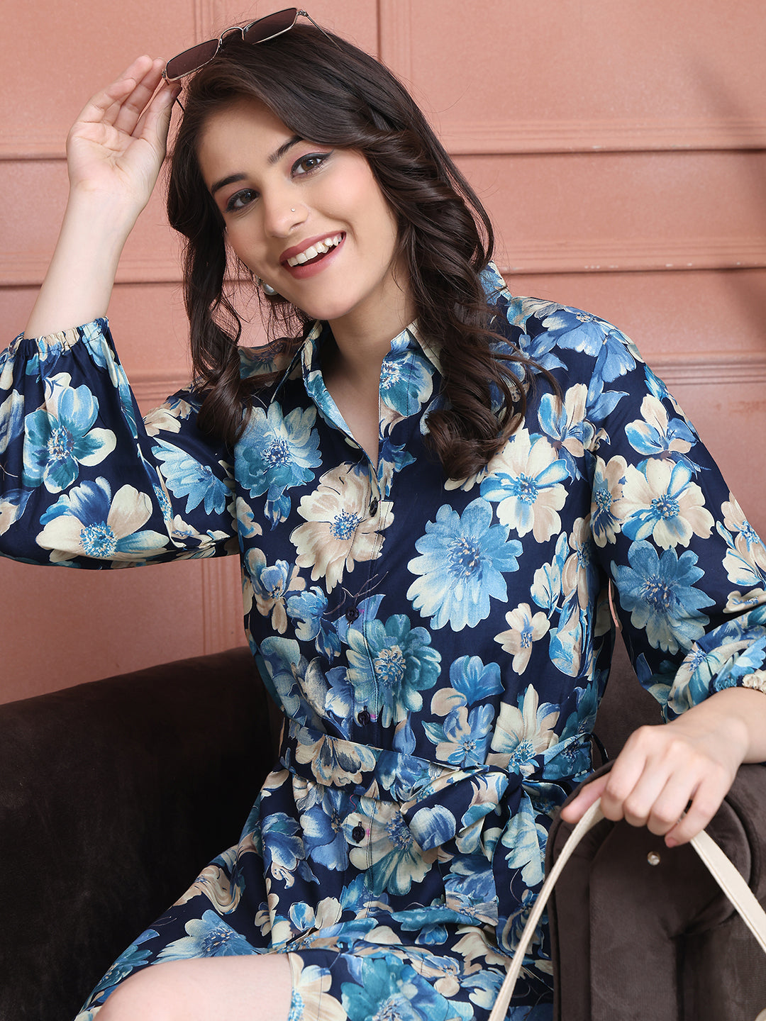Blue Colour Floral Printed Cotton Dress For Women