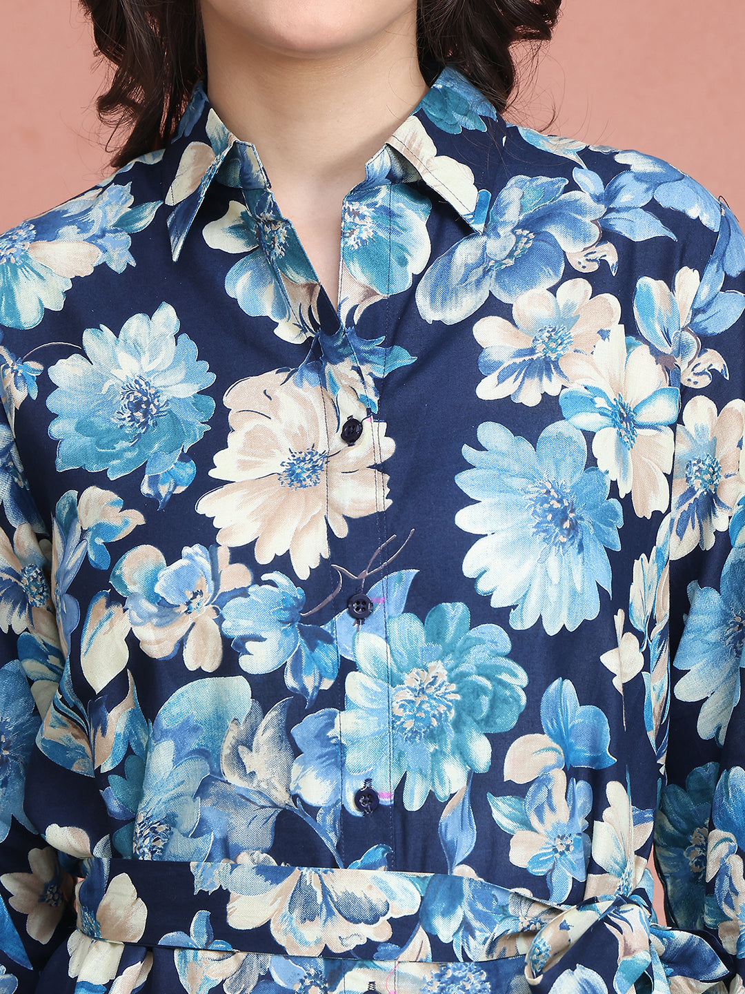 Blue Colour Floral Printed Cotton Dress For Women