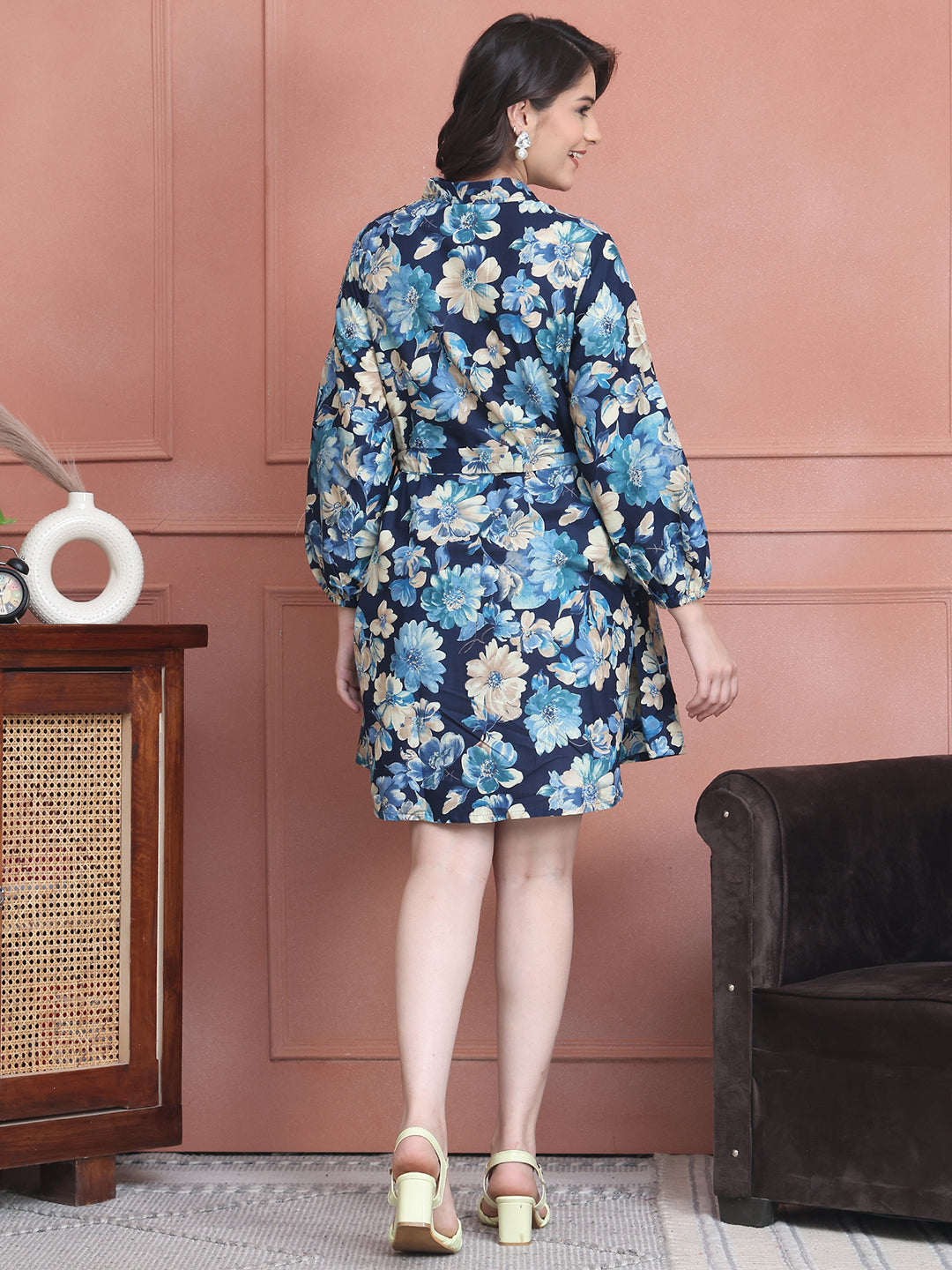 Blue Colour Floral Printed Cotton Dress For Women