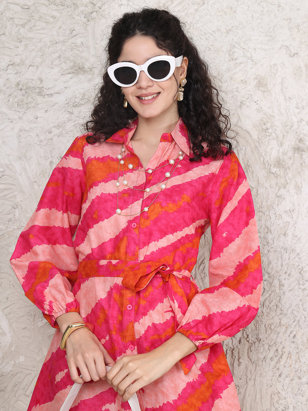 Pink Colour Abstract Printed Cotton Dress For Women