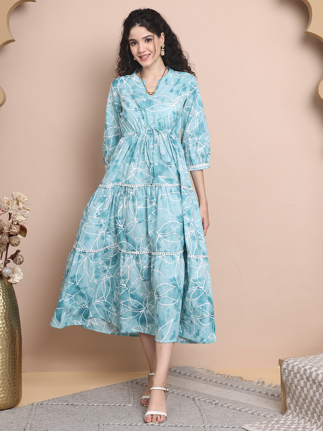 Blue Colour Floral Printed Pure Cotton Dress For Women