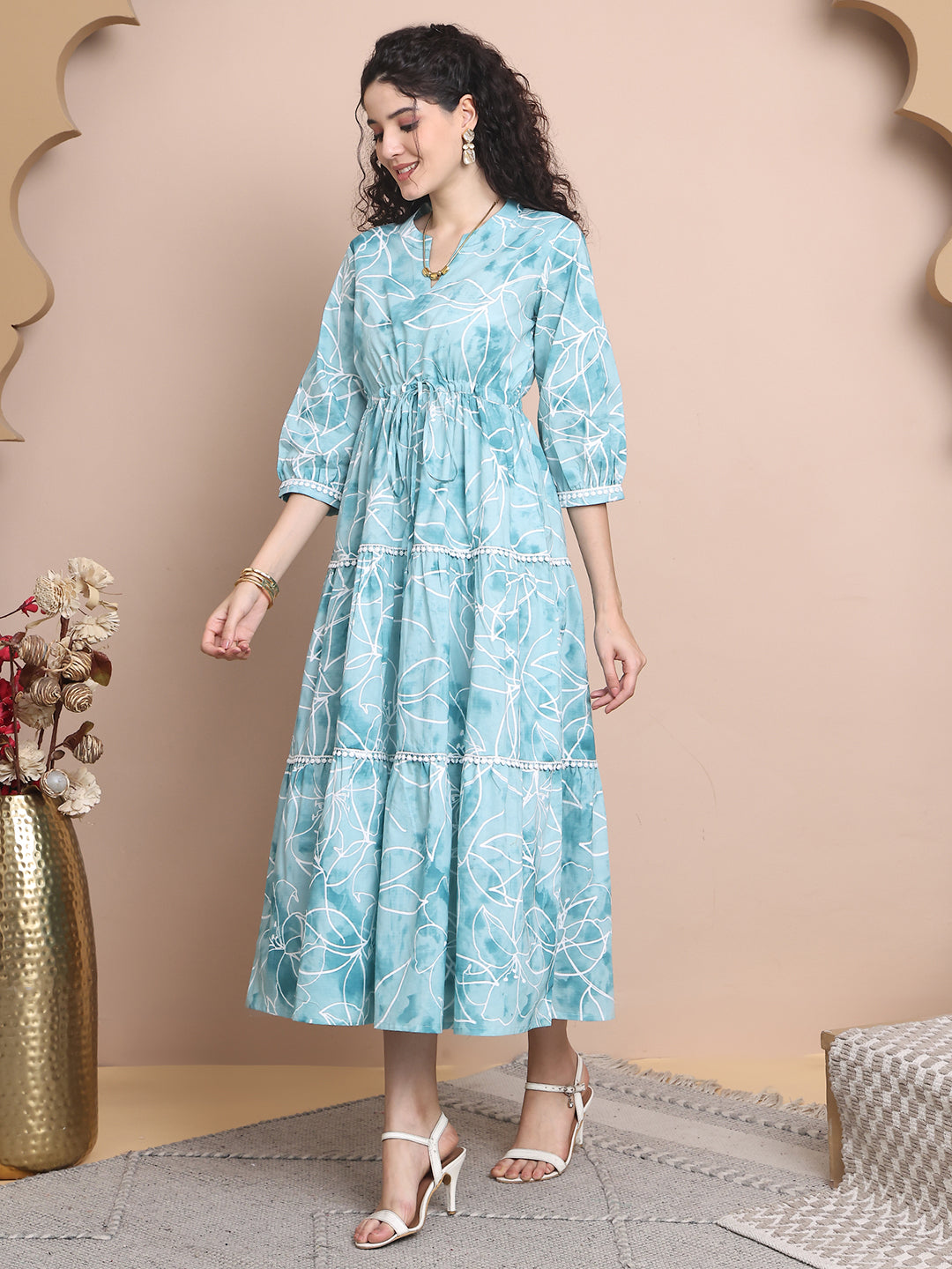 Blue Colour Floral Printed Pure Cotton Dress For Women