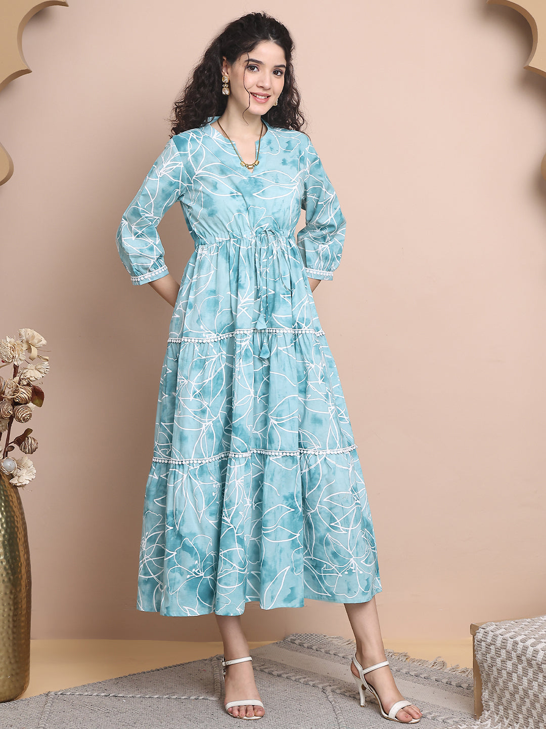Blue Colour Floral Printed Pure Cotton Dress For Women