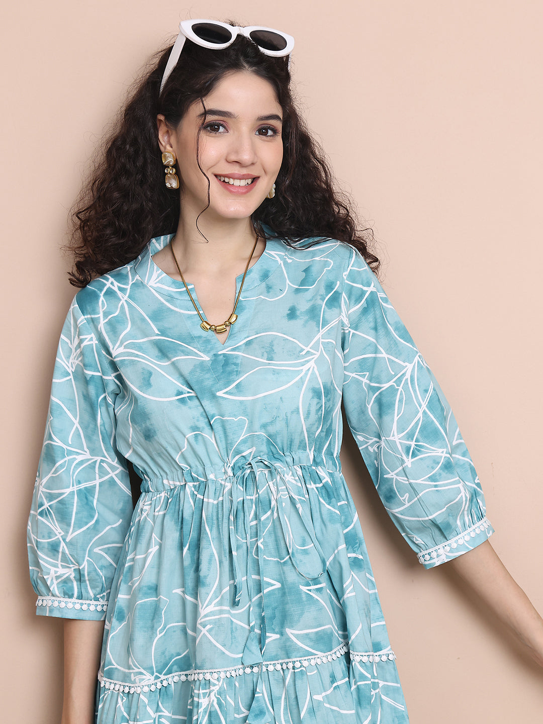 Blue Colour Floral Printed Pure Cotton Dress For Women