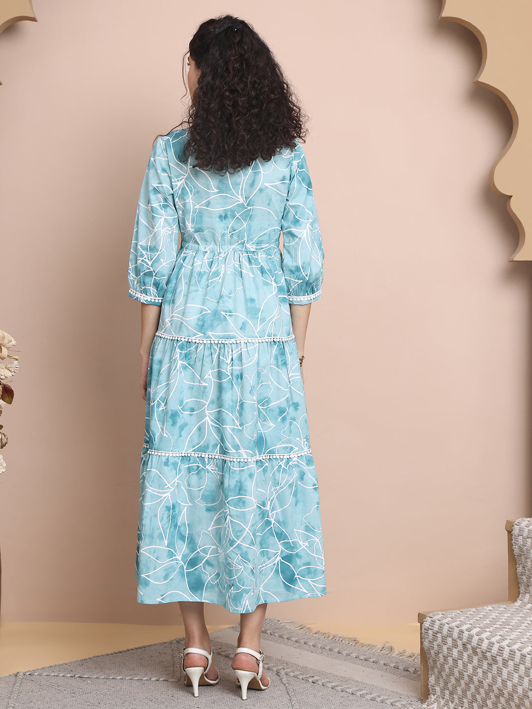 Blue Colour Floral Printed Pure Cotton Dress For Women