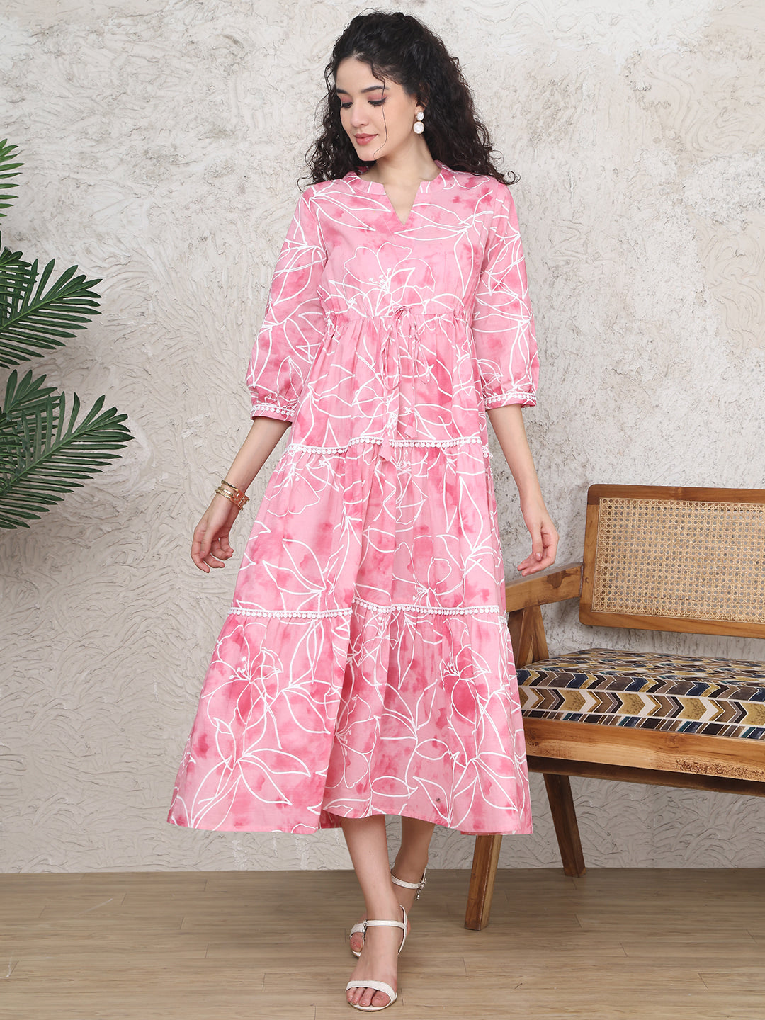 Pink Colour Floral Printed Pure Cotton Dress For Women