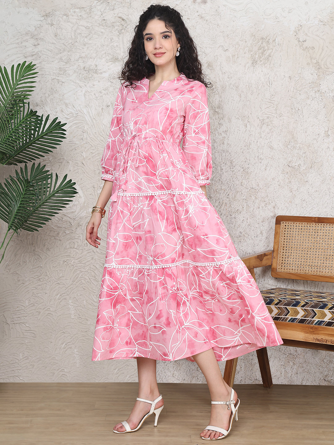 Pink Colour Floral Printed Pure Cotton Dress For Women