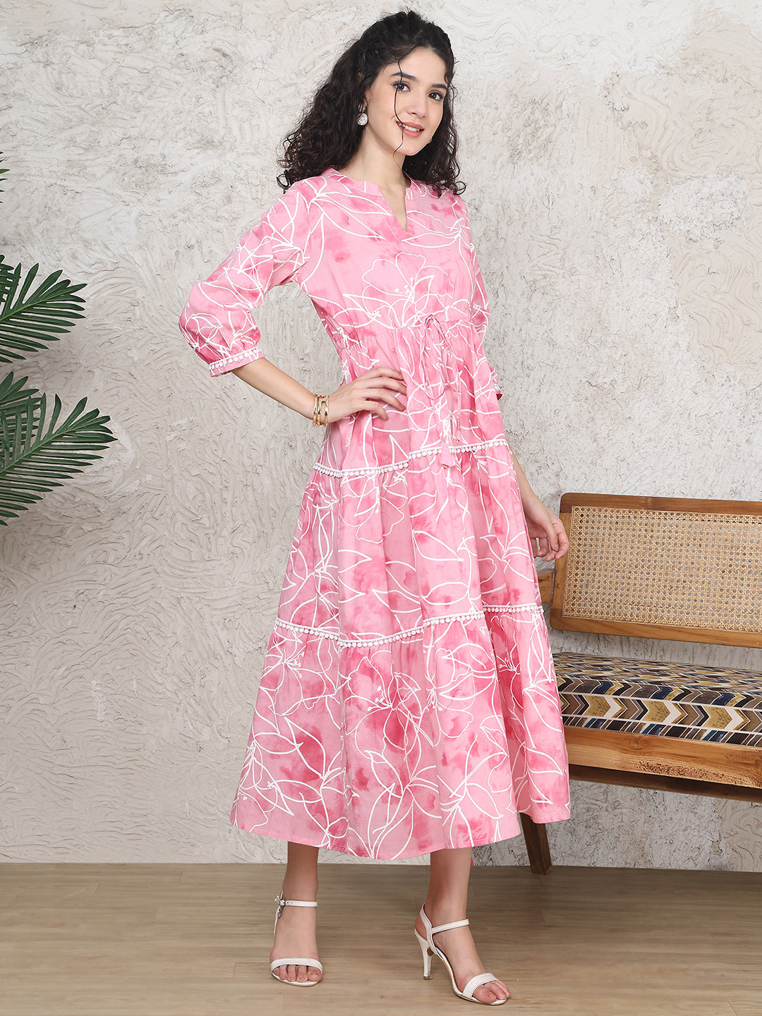 Pink Colour Floral Printed Pure Cotton Dress For Women