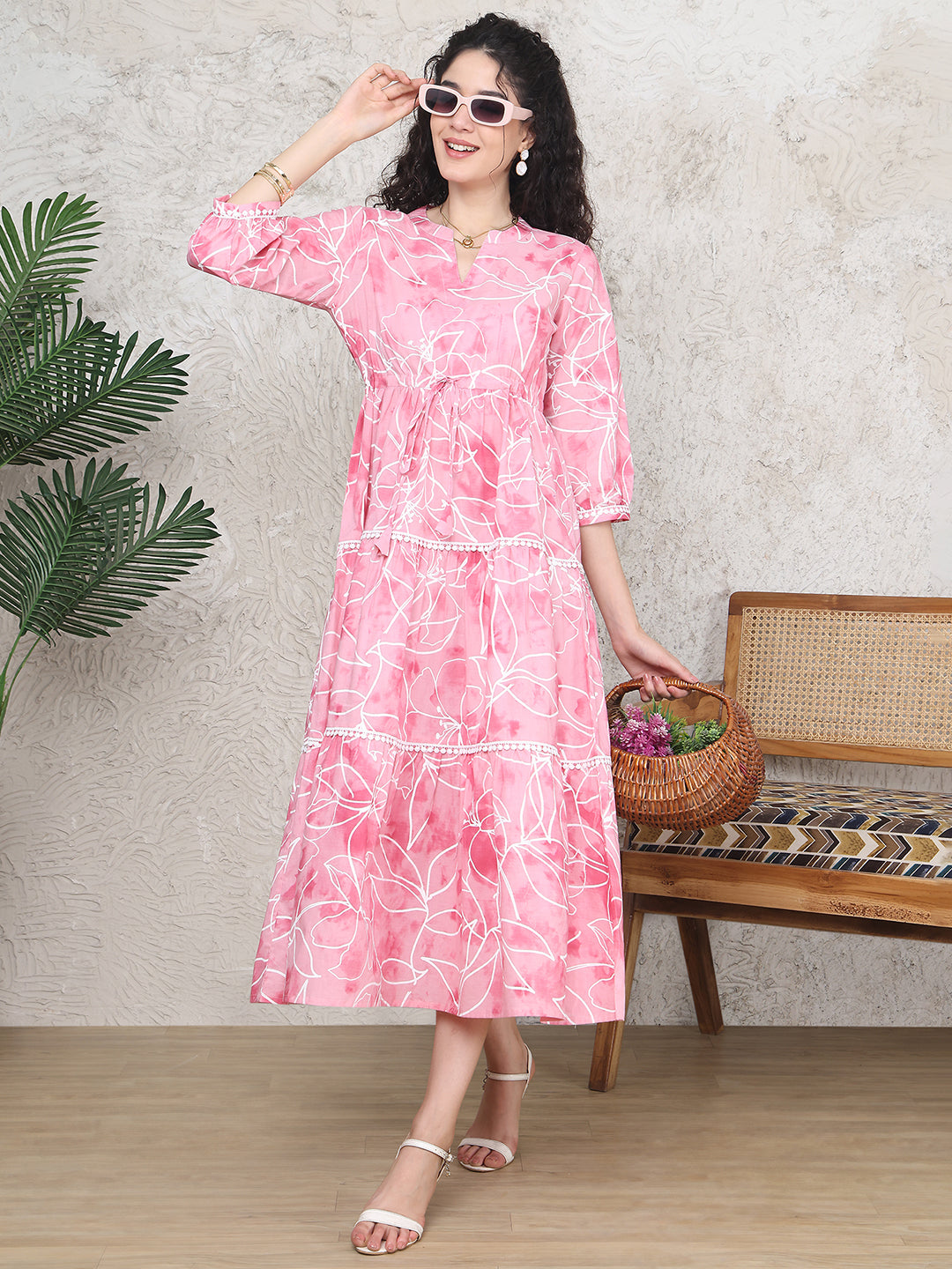 Pink Colour Floral Printed Pure Cotton Dress For Women