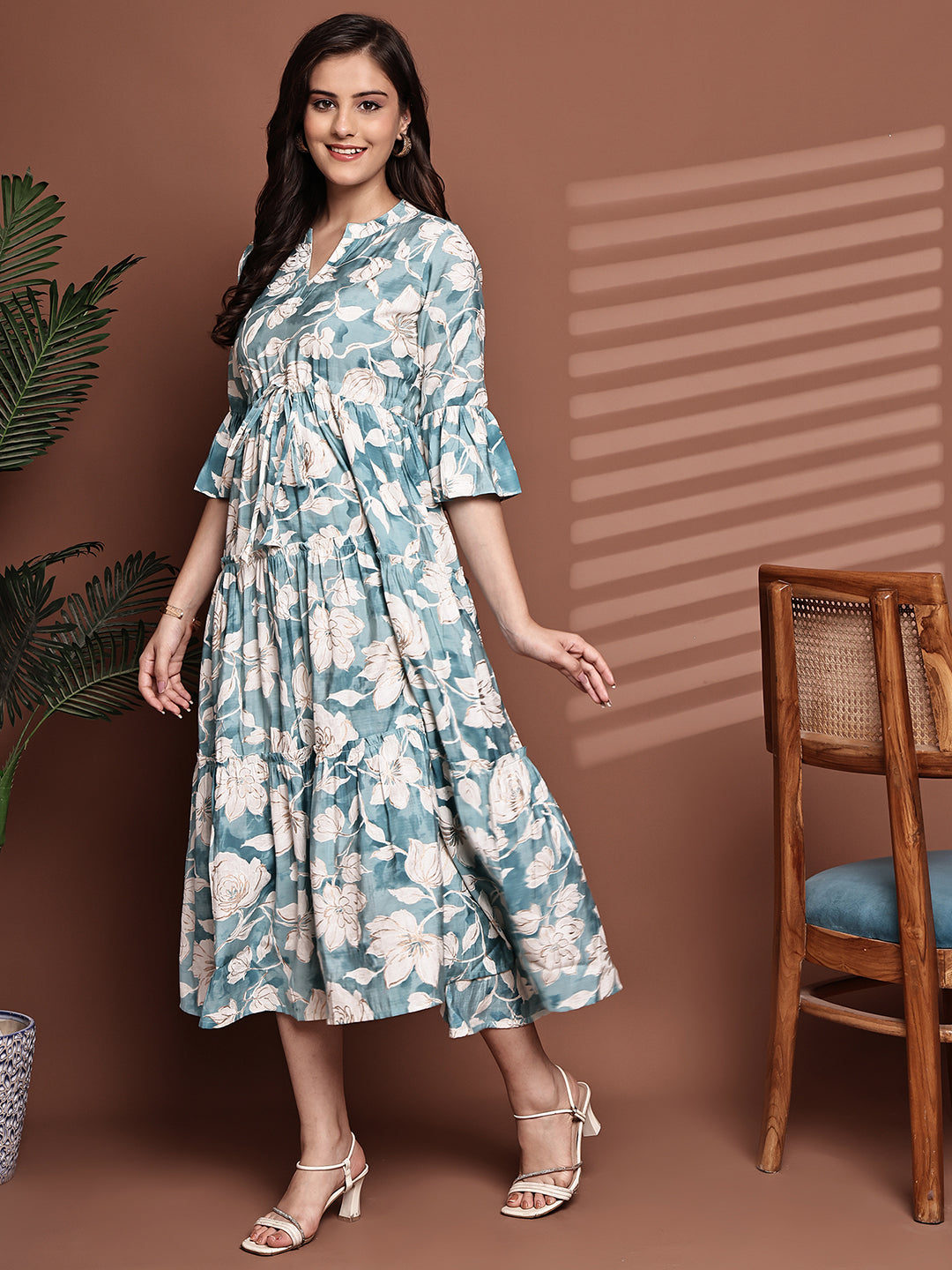 Blue Colour Floral Printed Premium Chanderi Dress For Women