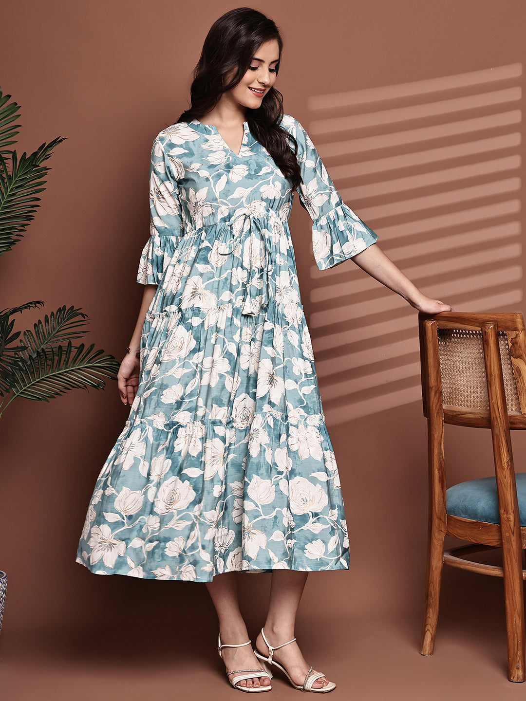 Blue Colour Floral Printed Premium Chanderi Dress For Women