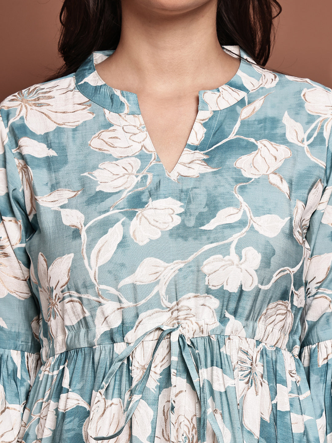 Blue Colour Floral Printed Premium Chanderi Dress For Women