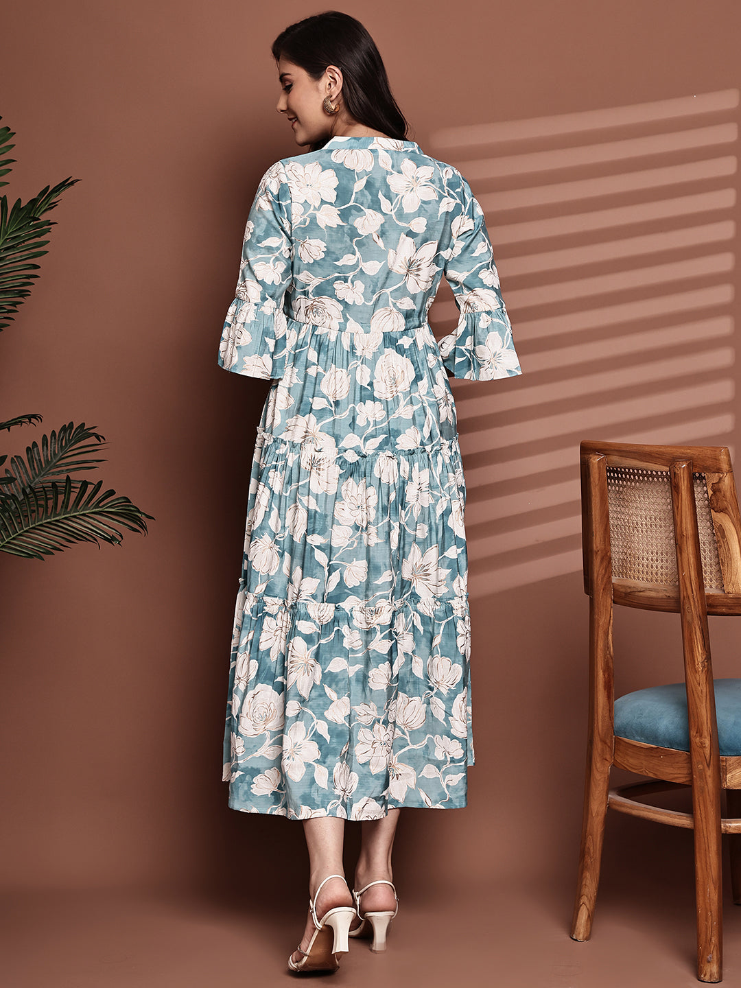 Blue Colour Floral Printed Premium Chanderi Dress For Women