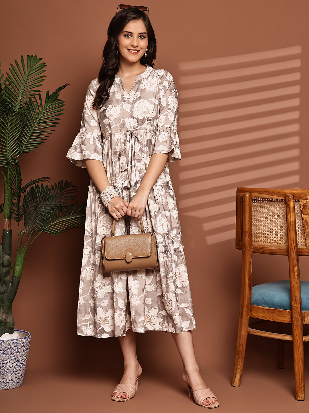 Cream Colour Floral Printed Premium Chanderi Dress For Women