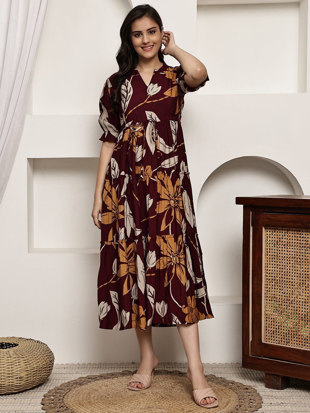 Maroon Colour Floral Printed Premium Chanderi Dress For Women