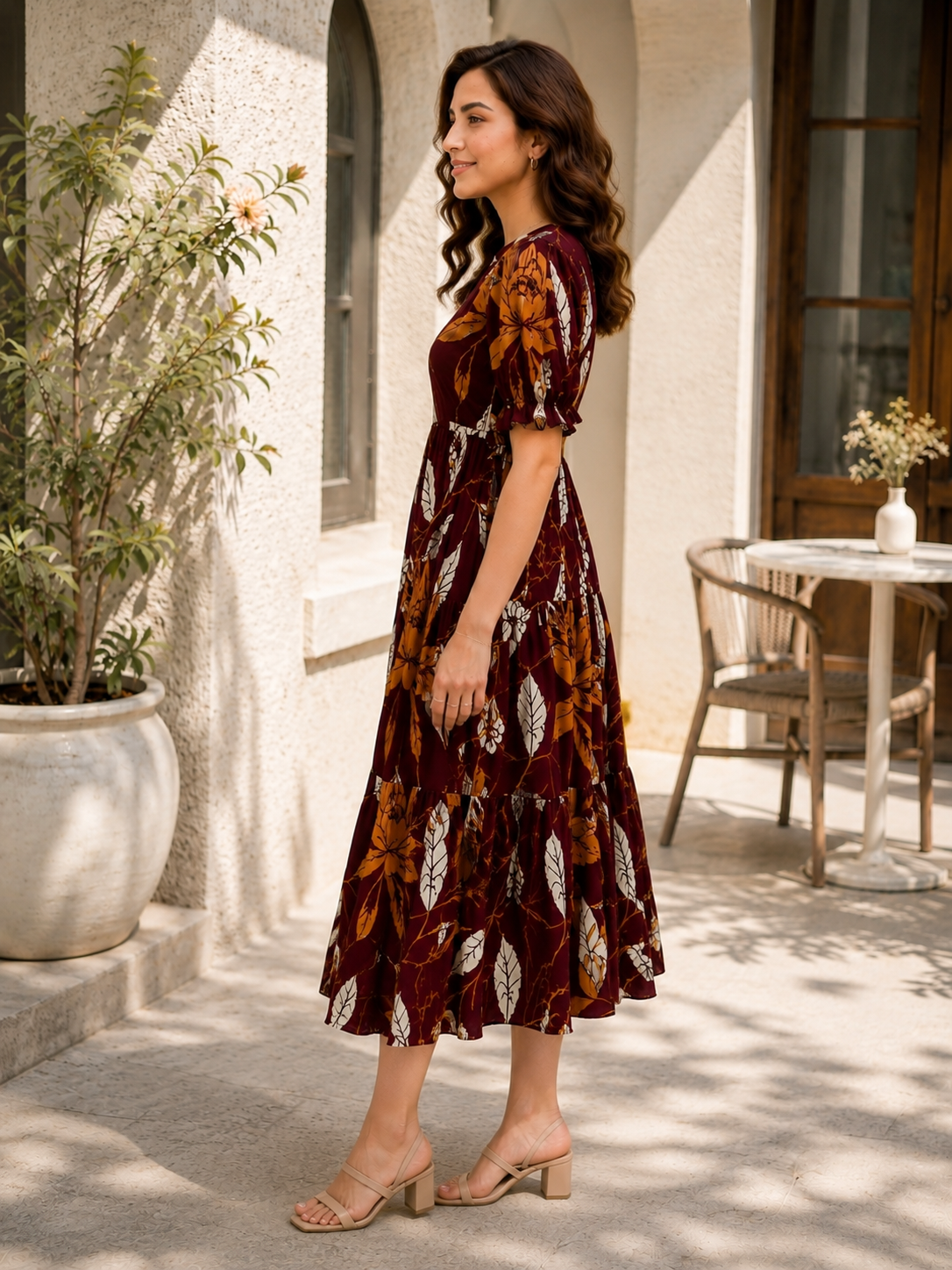 Maroon Chanderi Floral Printed Dress for Women | Claura