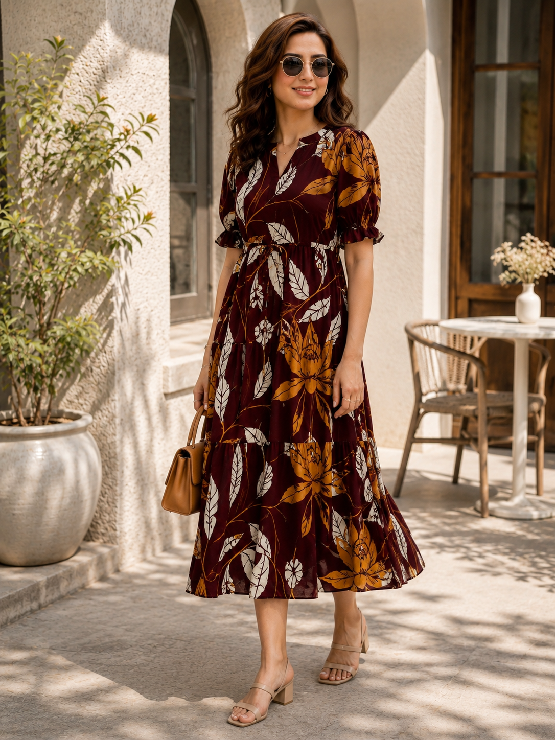 Maroon Chanderi Floral Printed Dress for Women | Claura