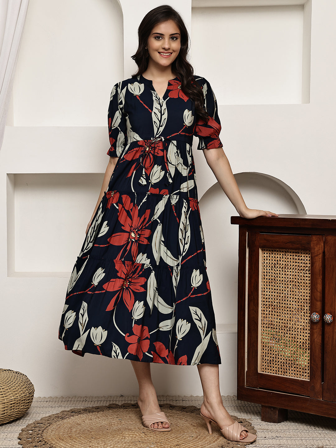 Navy Blue Colour Floral Printed Premium Chanderi Dress For Women