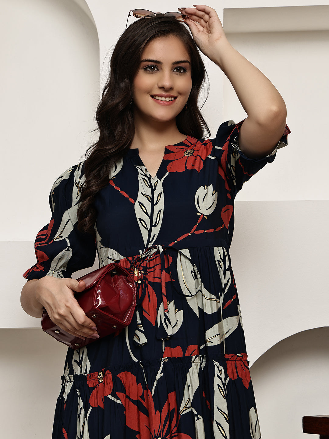 Navy Blue Colour Floral Printed Premium Chanderi Dress For Women