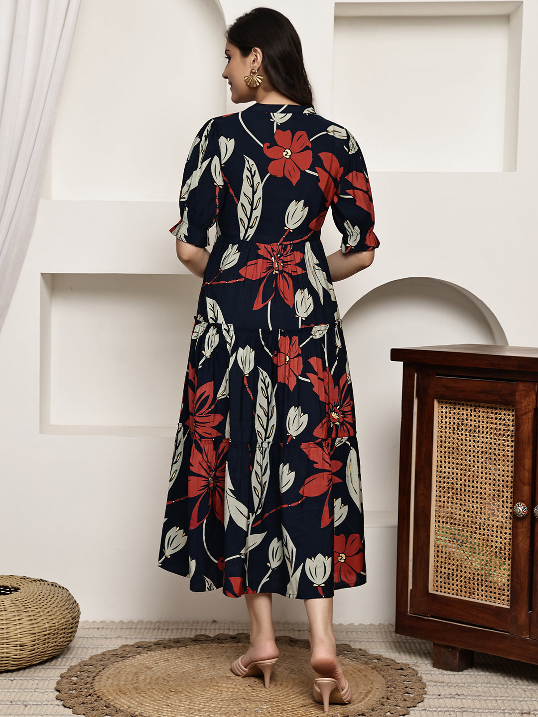 Navy Blue Colour Floral Printed Premium Chanderi Dress For Women