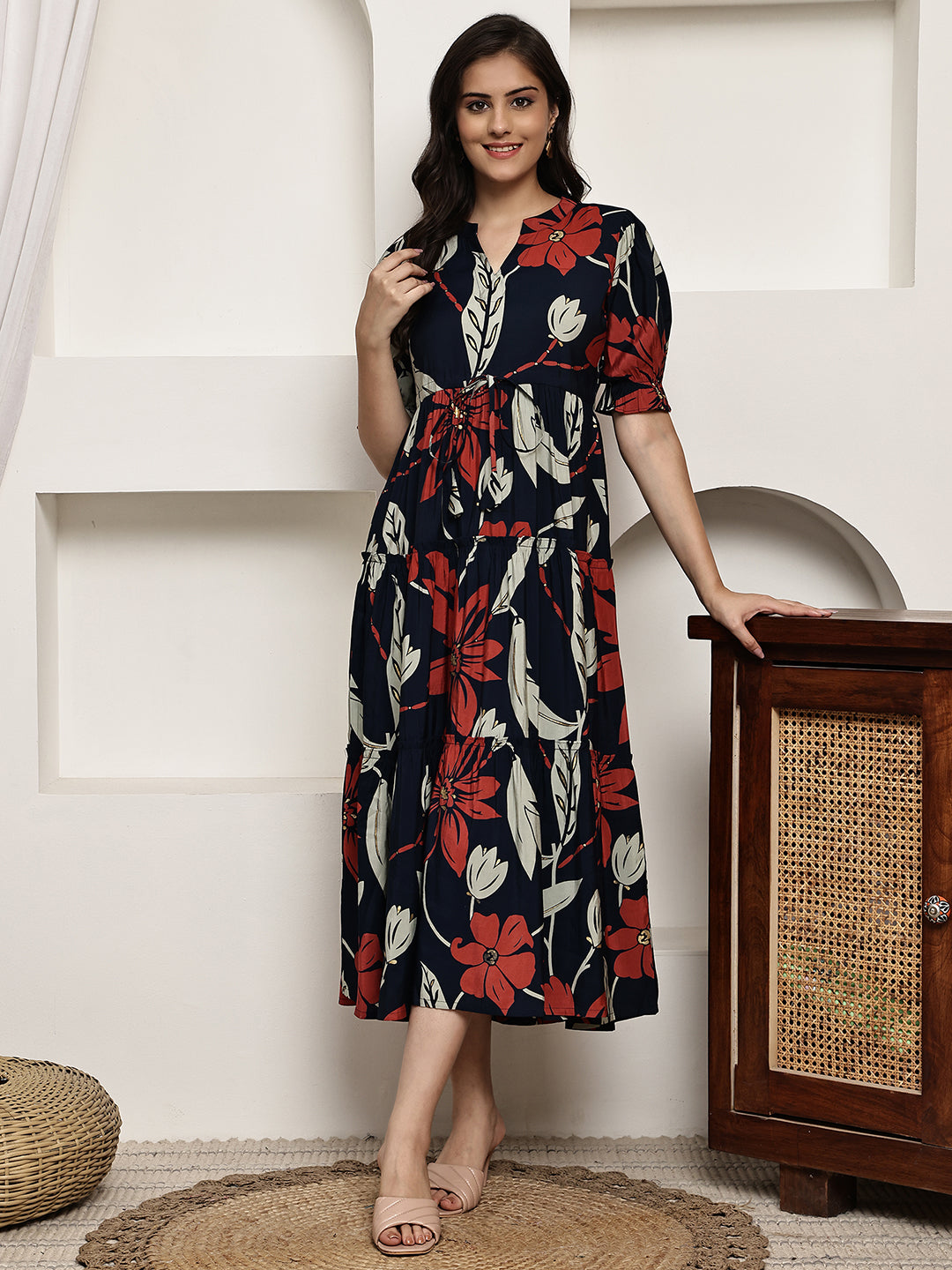 Navy Blue Colour Floral Printed Premium Chanderi Dress For Women