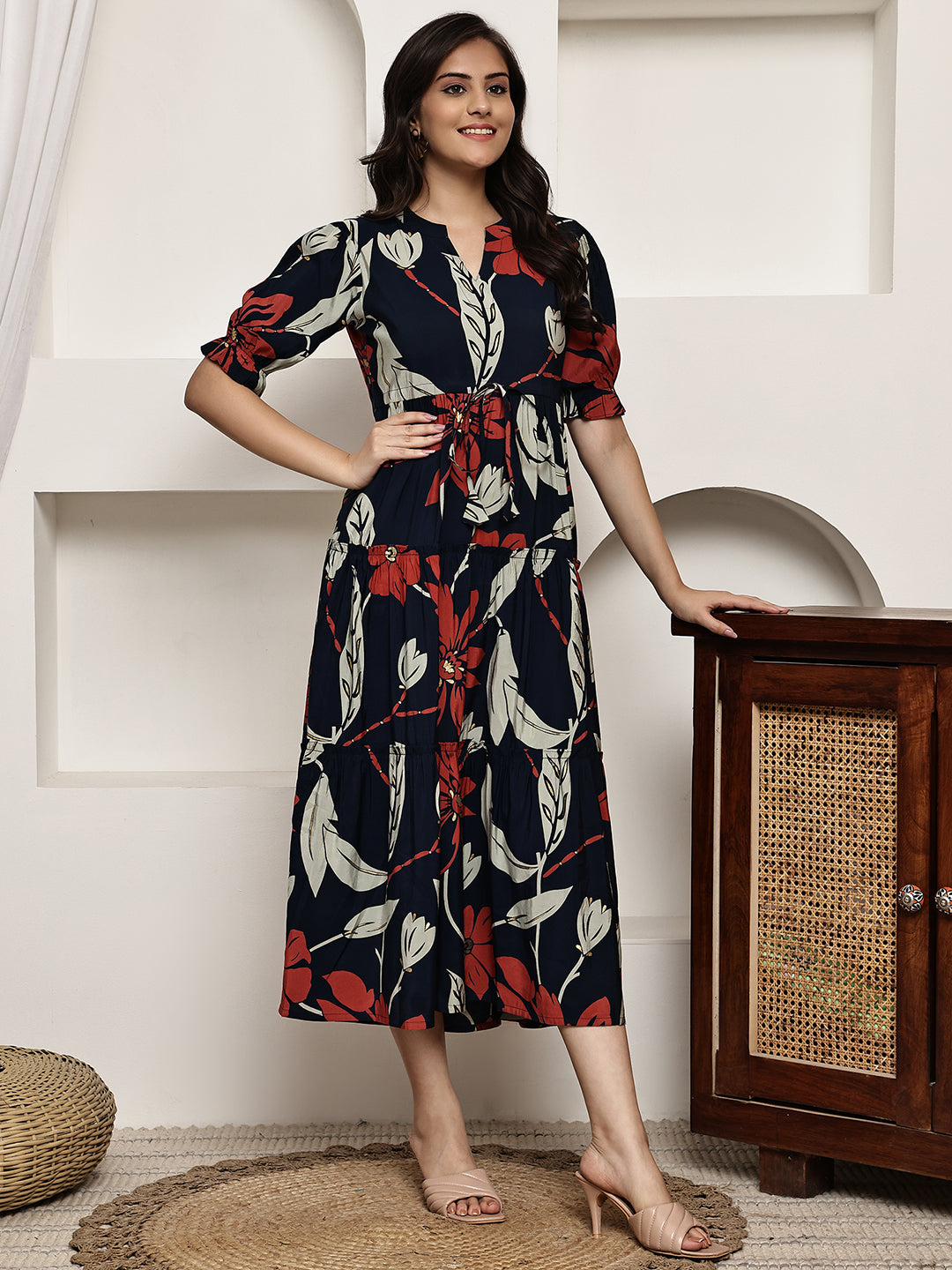 Navy Blue Colour Floral Printed Premium Chanderi Dress For Women