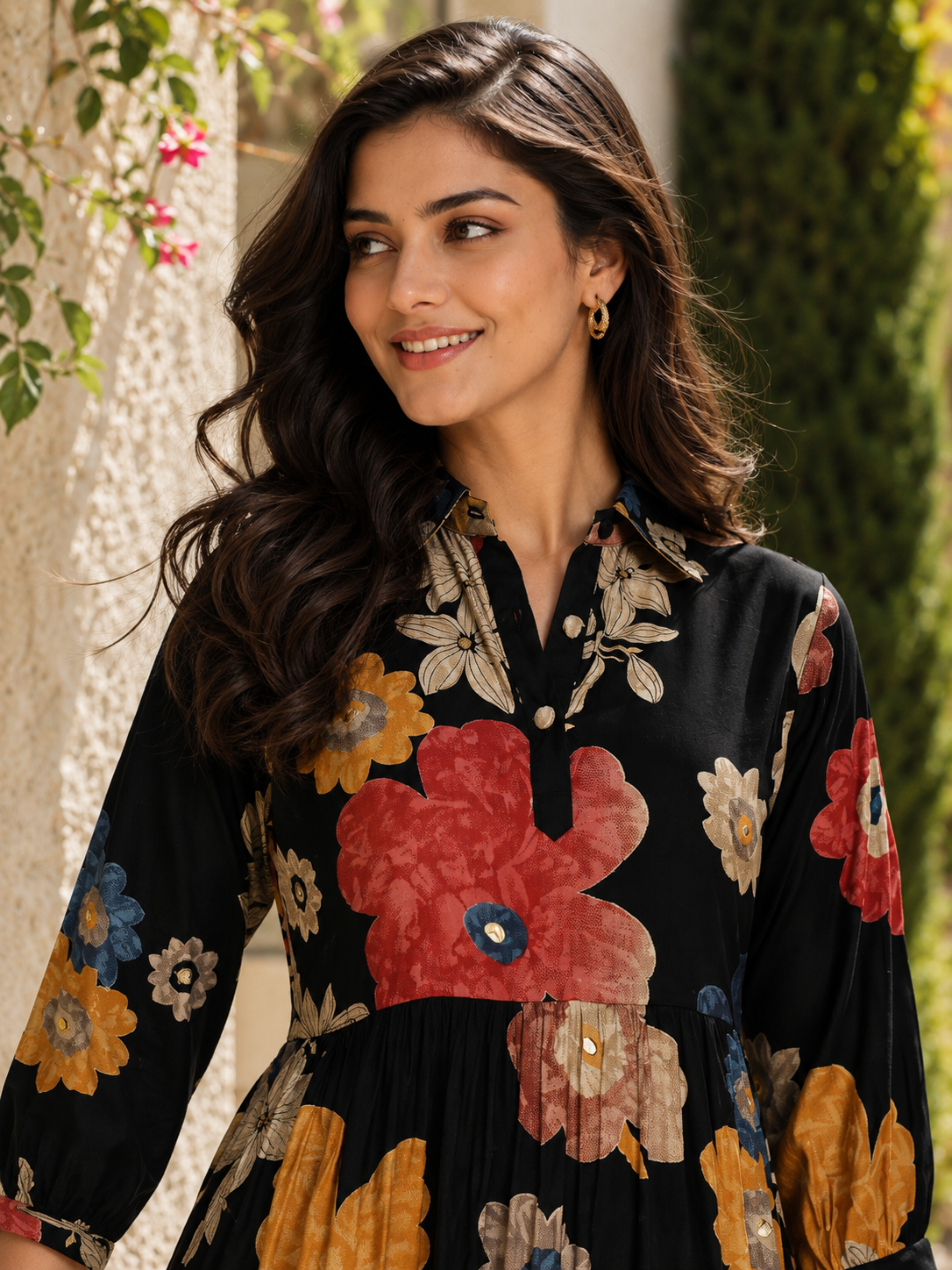 Black Floral Printed Premium Chanderi Flared Dress for Women | Claura