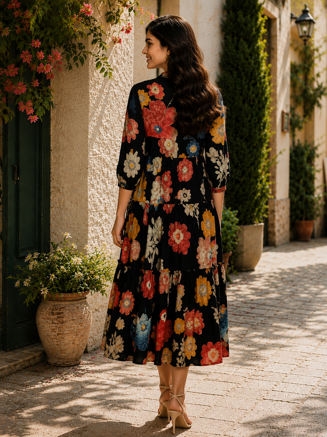 Black Floral Printed Premium Chanderi Flared Dress for Women | Claura