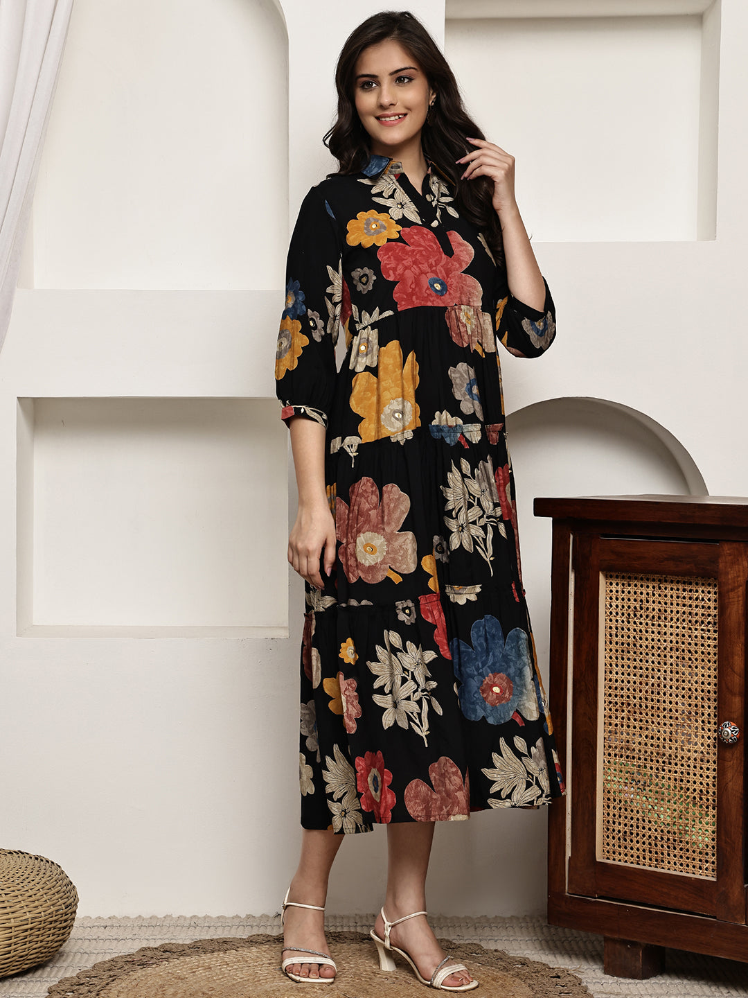 Black Colour Floral Printed Premium Chanderi Dress For Women