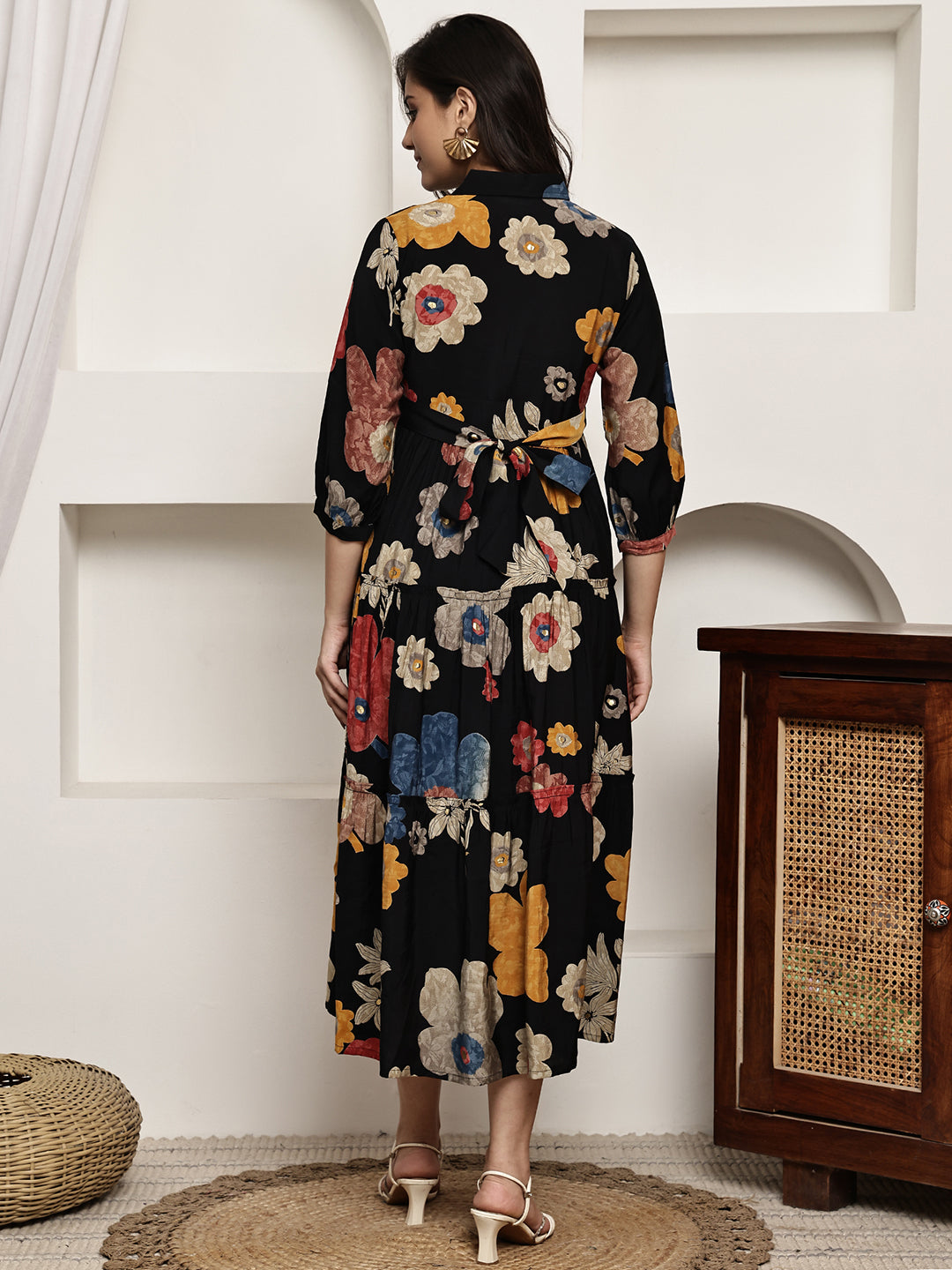 Black Colour Floral Printed Premium Chanderi Dress For Women