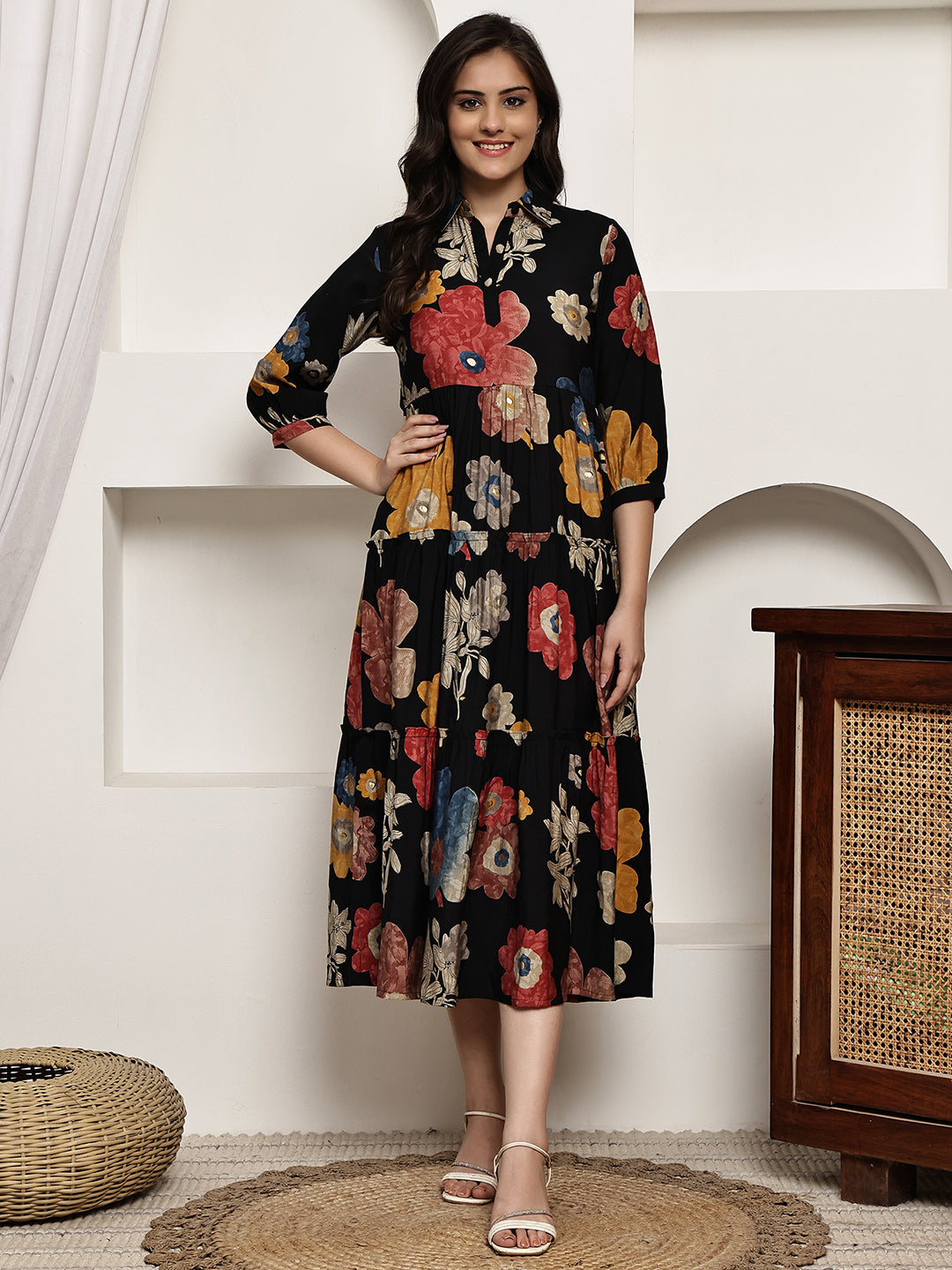 Woman wearing black Chanderi floral printed dress