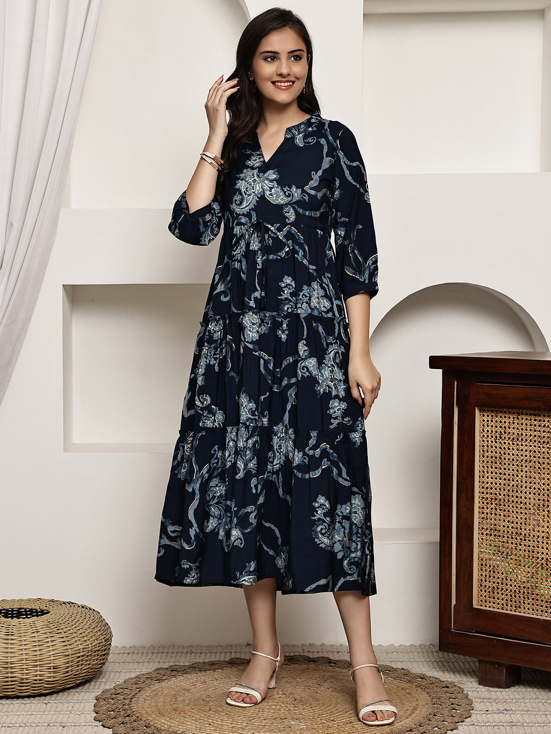 Navy Blue Colour Ethnic Motifs Printed Premium Chanderi Dress For Women